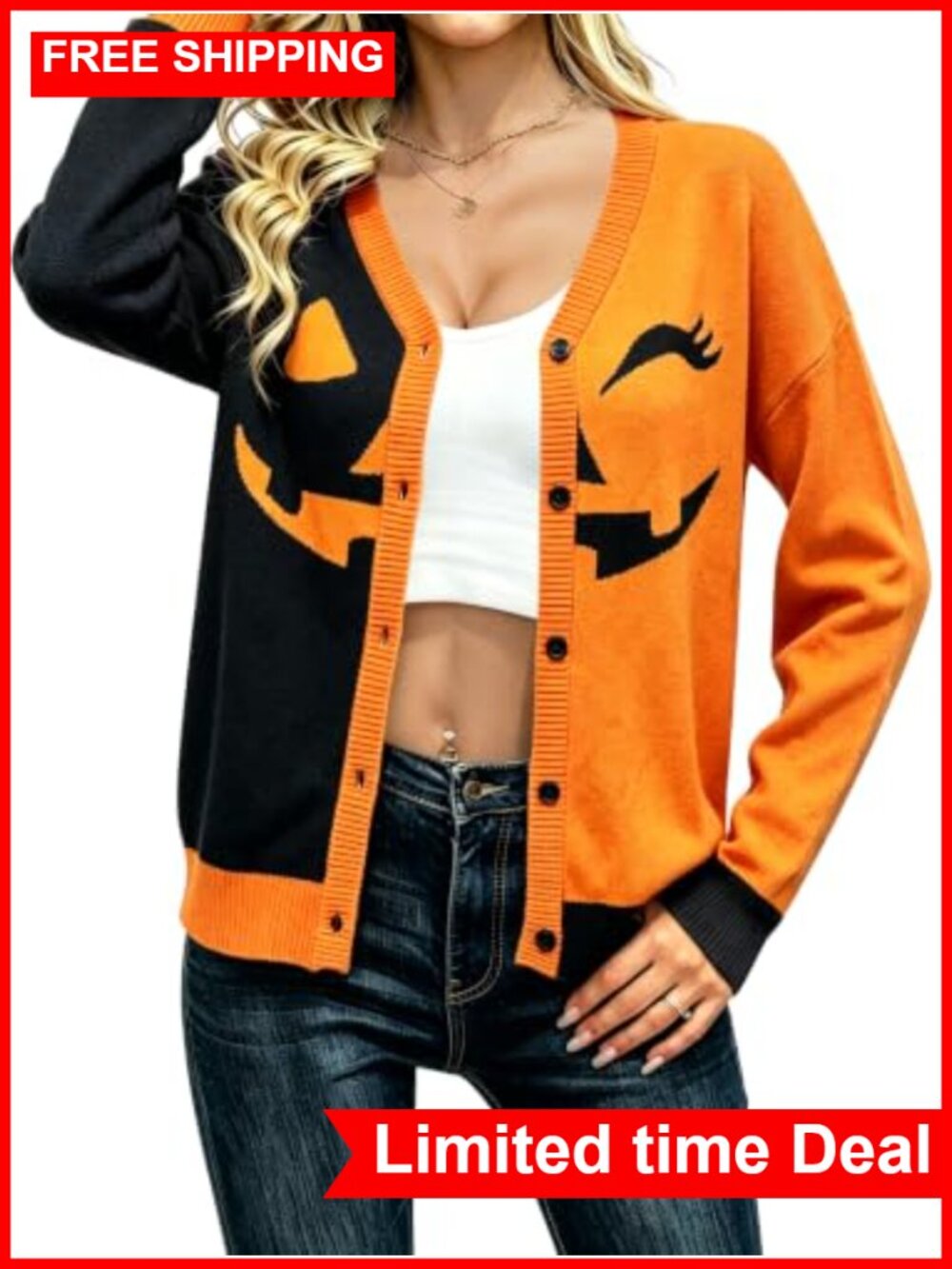 Womens Black Cat Cardigan Sweater Kawaii Halloween Knit Button Down V-Neck